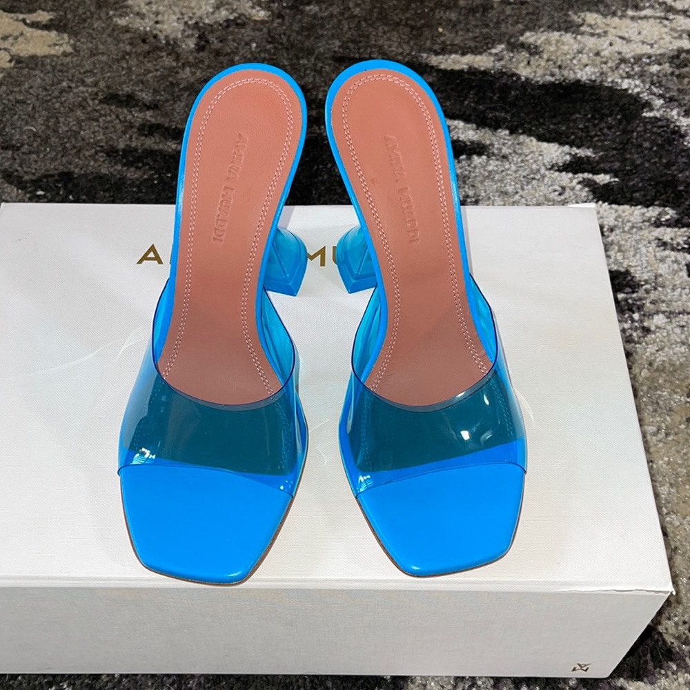 Amina Muaddi Blue Transparent PVC Mule Sandals